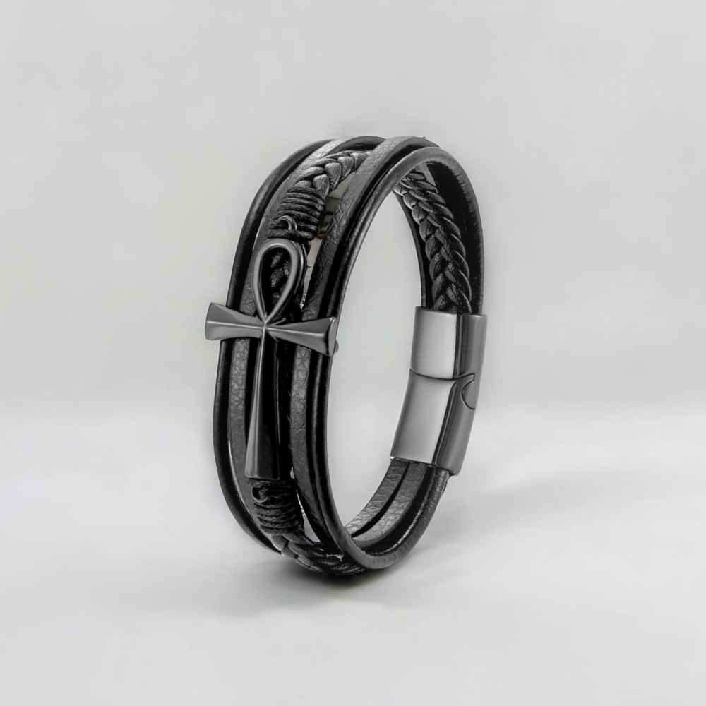 Bracelet cuir noir multi cordons croix ansée