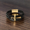 Bracelet cuir noir multi cordons croix ansée