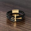 Bracelet cuir noir multi cordons croix ansée