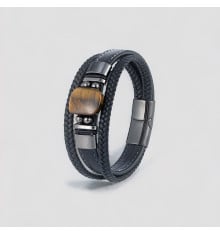 Bracelet cuir noir cordons onyx