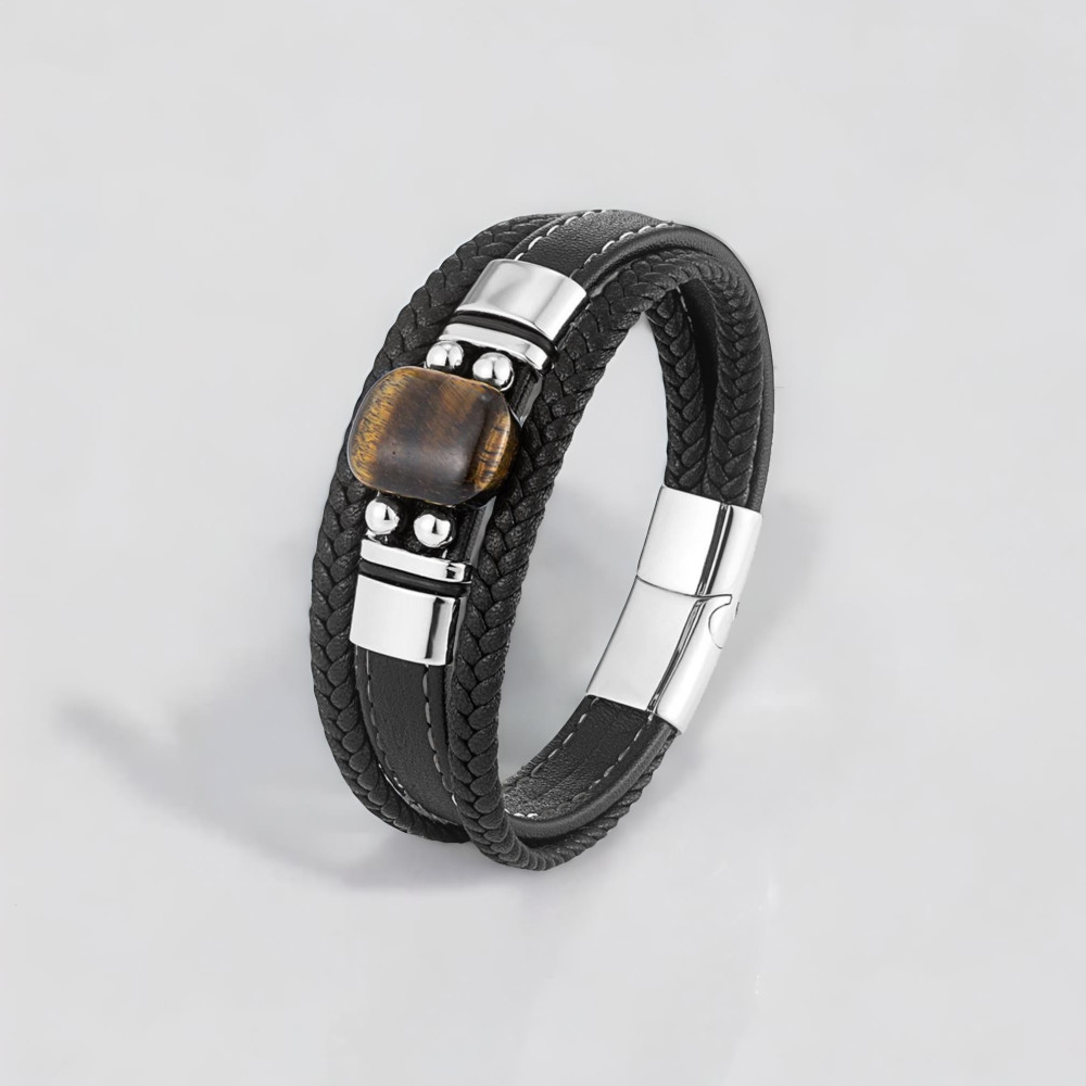 Bracelet cuir noir cordons onyx