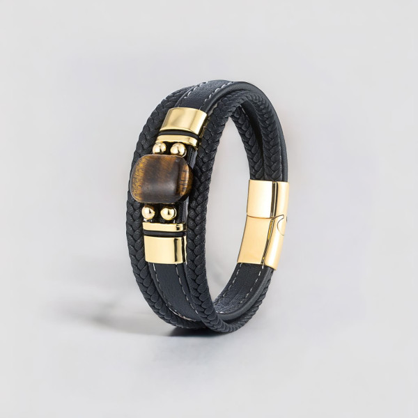 Bracciale Uomo Donna In Pelle Nera Intrecciata Con Chiusura A Molla In Acciaio Oro, 21,2 Cm, Larghezza 1,2 Cm, IMECTALII