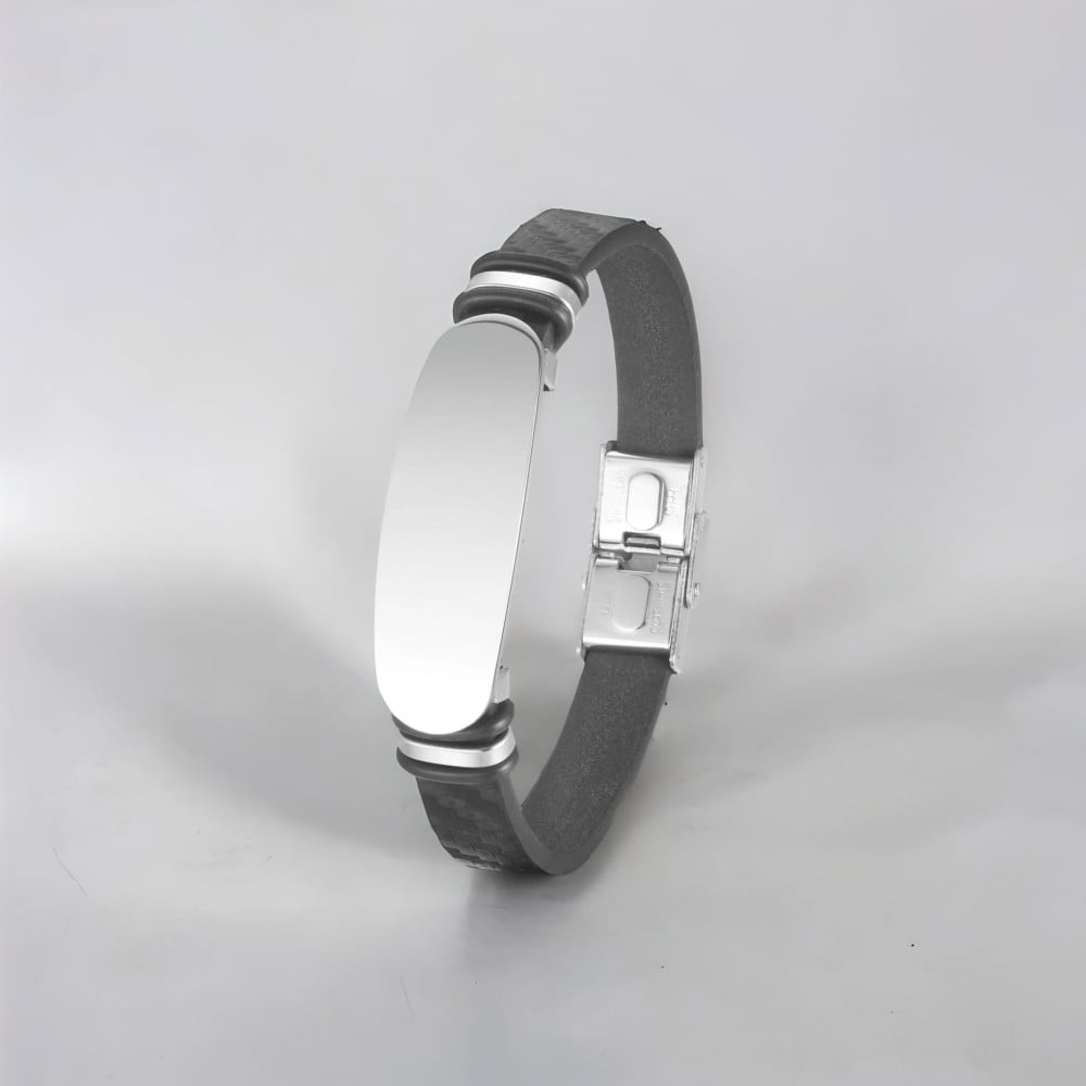 Bracelet gourmette cuir PU noir gravure 2 lignes