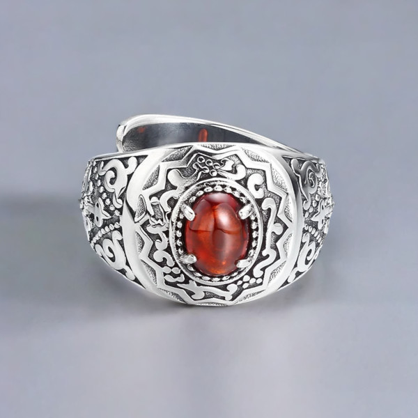 Men's Sterling Silver Red Onyx Inlay Cross Signet Open Ring