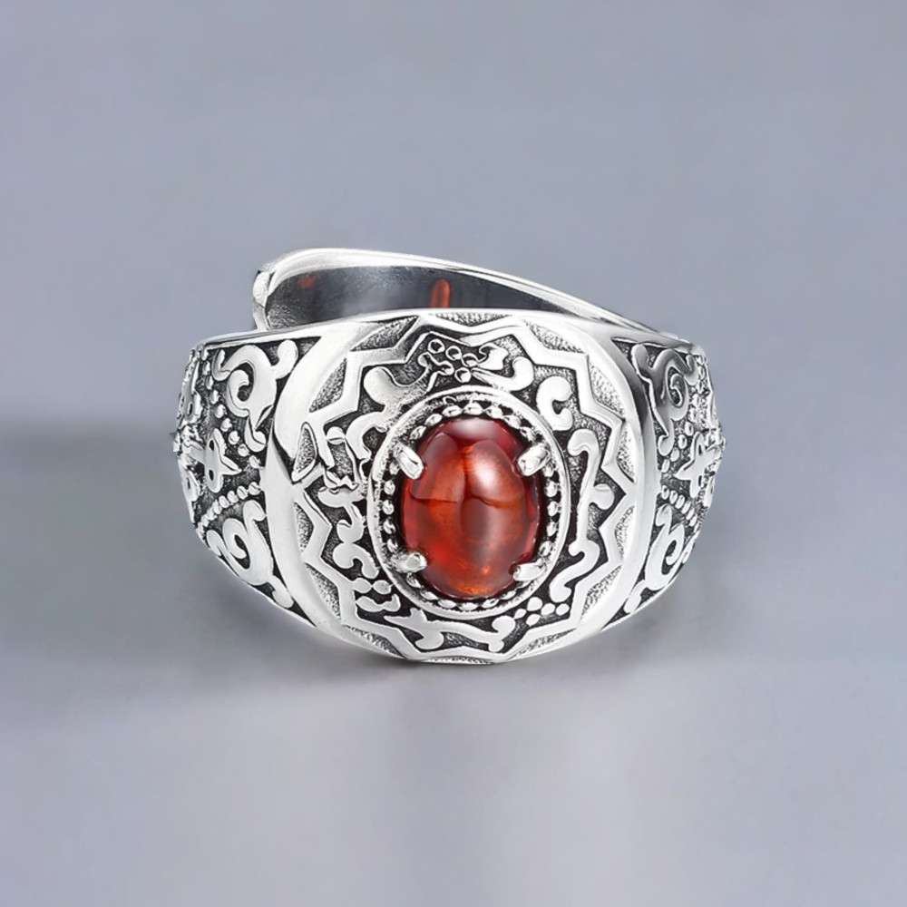 Men's Sterling Silver Red Onyx Inlay Cross Signet Open Ring