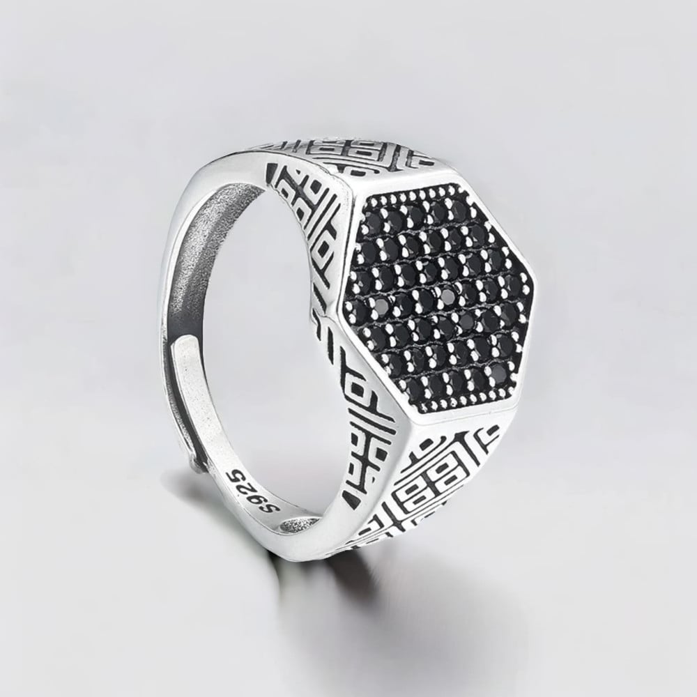 Bague argent ouverte chevalière hexagone