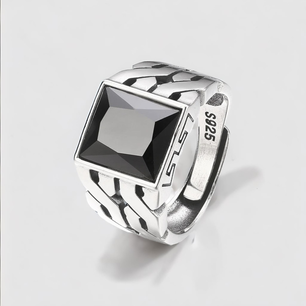Chevalière argent ouverte grecque zircon noir