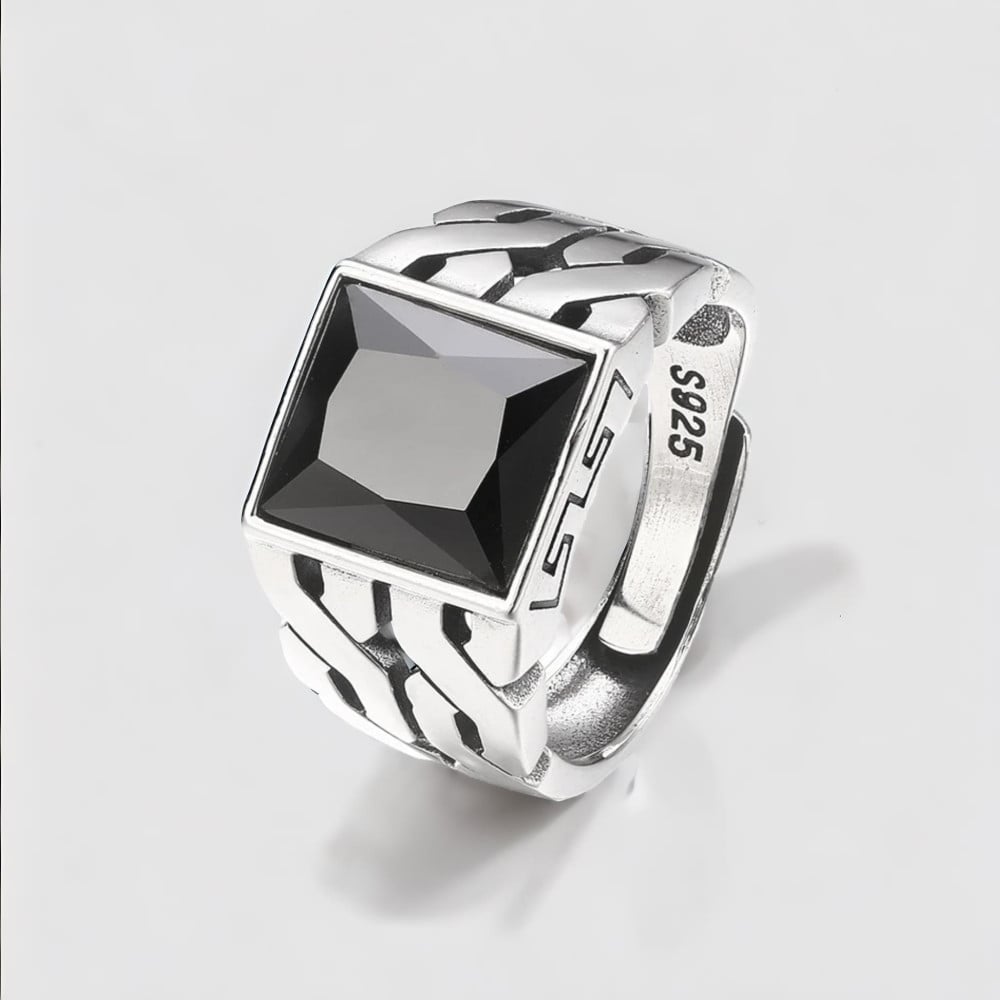 Chevalière argent ouverte grecque zircon noir