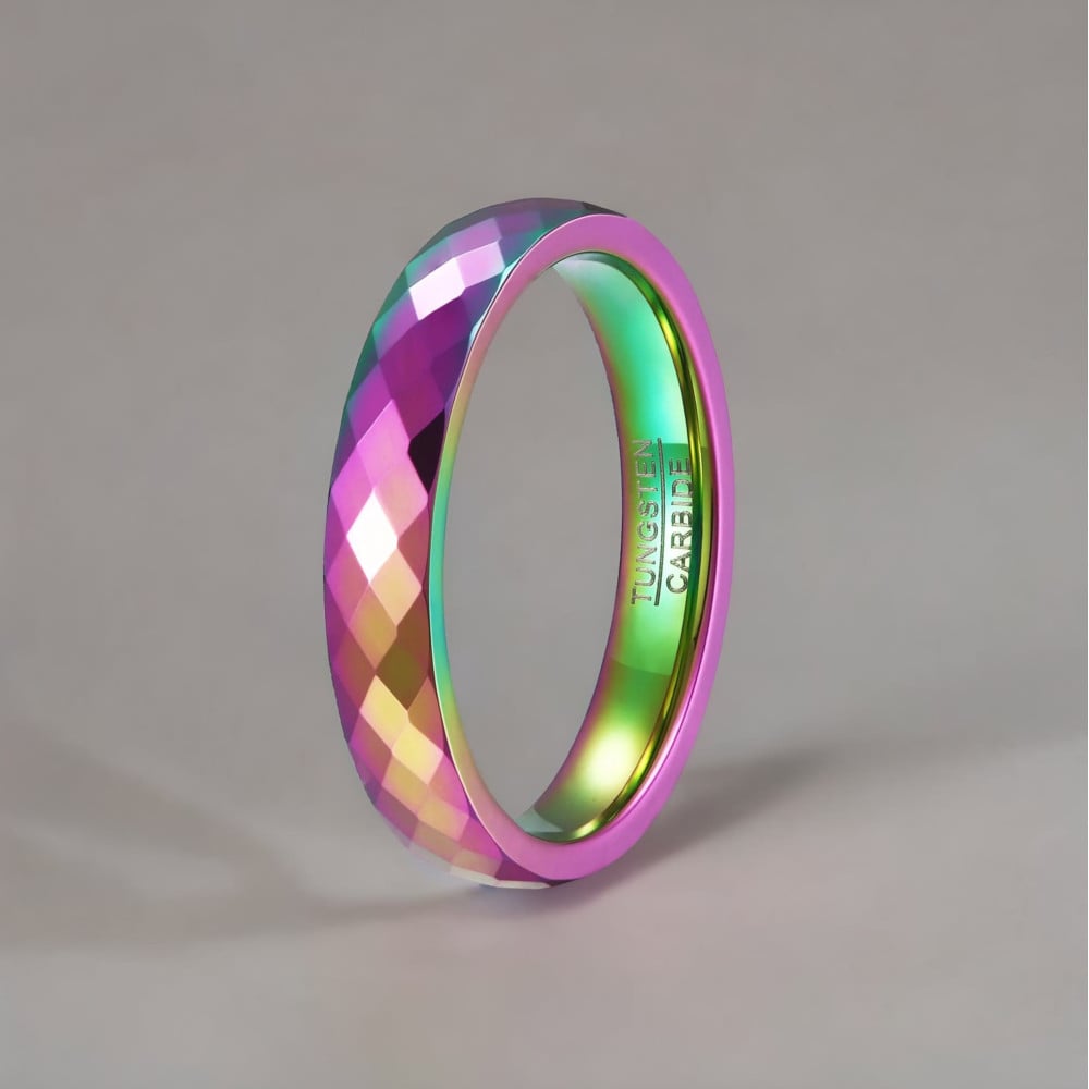 Bague tungstène personnalisable arc en ciel multi-facetté