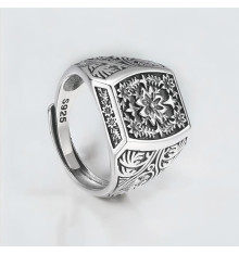 Anillo de sello para hombre en plata de ley 925 – Diseño ajustable con flor de liana