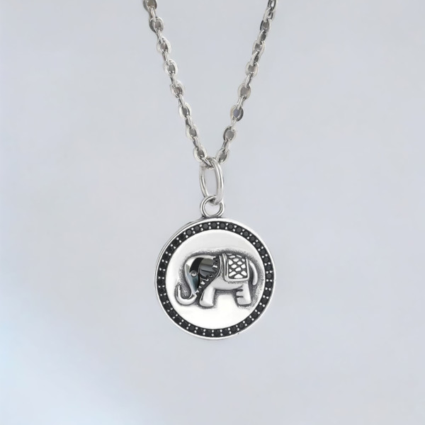 Men's Sterling Silver Medallion Elephant Zirconia Inlay Pendant