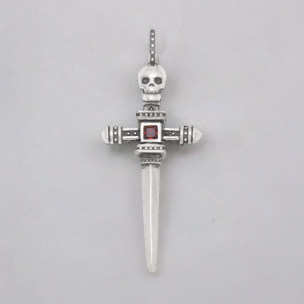 Men's Sterling Silver St. James's Cross Skull Ziconia Inlay Pendant