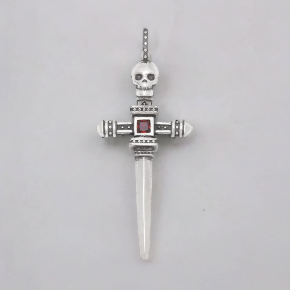 Men's Sterling Silver St. James's Cross Skull Ziconia Inlay Pendant