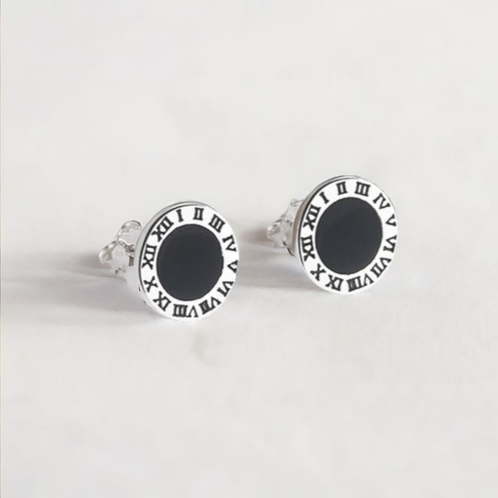 Men's Sterling Silver Stud Roman numerals Black Resin Inlay Earrings - pair
