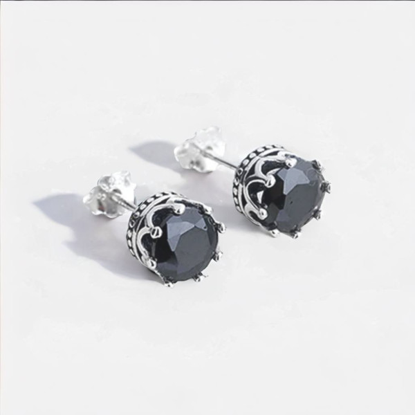 Boucles d'oreilles clous Argent homme couronne zirconium noir - paire