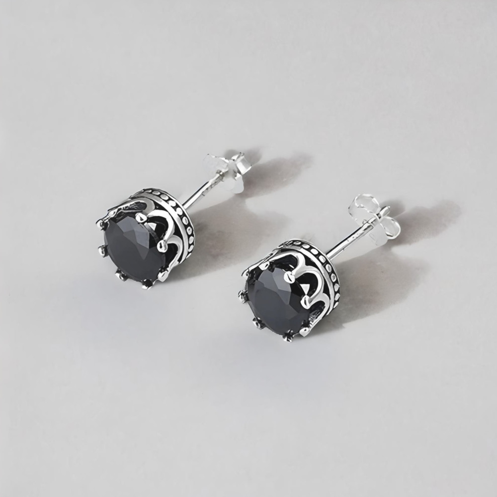 Boucles d'oreilles clous Argent homme couronne zirconium noir - paire