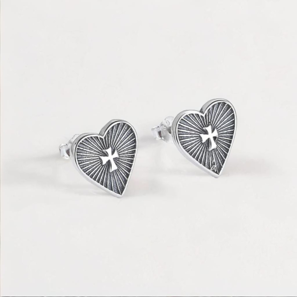 Boucles d'oreilles clous argent coeur croix homme femme - paire