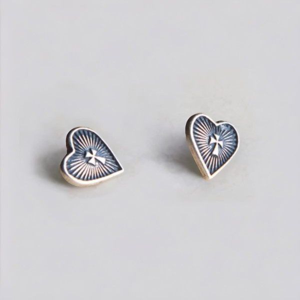 Men's Sterling Silver Stud Heart Cross Earrings - pair
