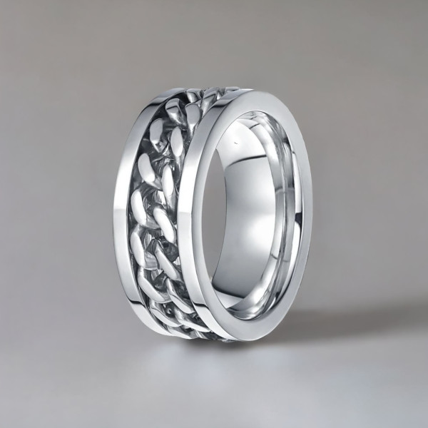 Anillo de acero para hombre con cadena antiestrés giratoria, grabado personalizable