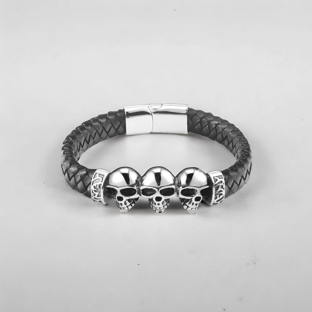 Bracelet homme biker cuir noir tete de mort fermoir Acier