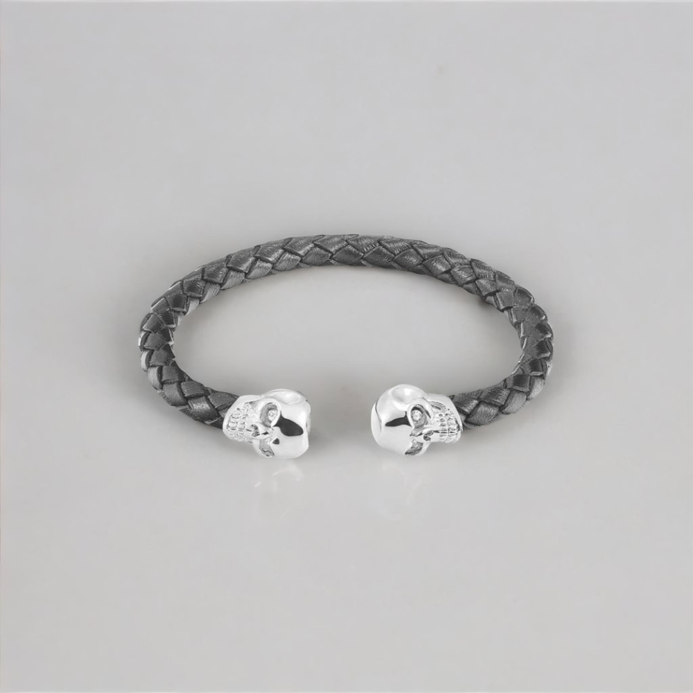 Bracelet jonc cuir tressé tête de mort