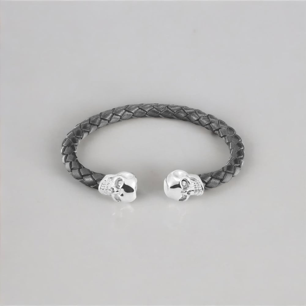 Bracelet jonc cuir tressé tête de mort