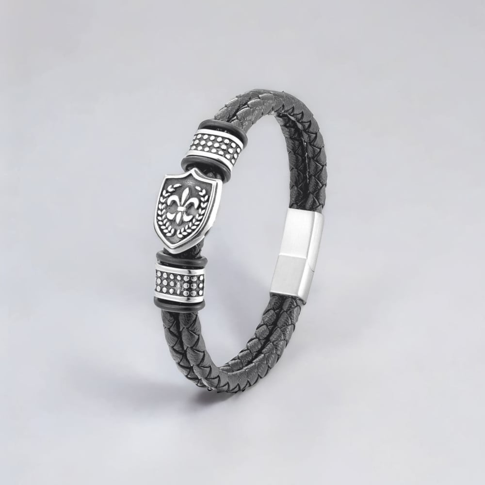 Bracelet cuir tressé fleur de lys