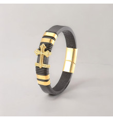 Bracelet cuir noir croix fermoir magnétique