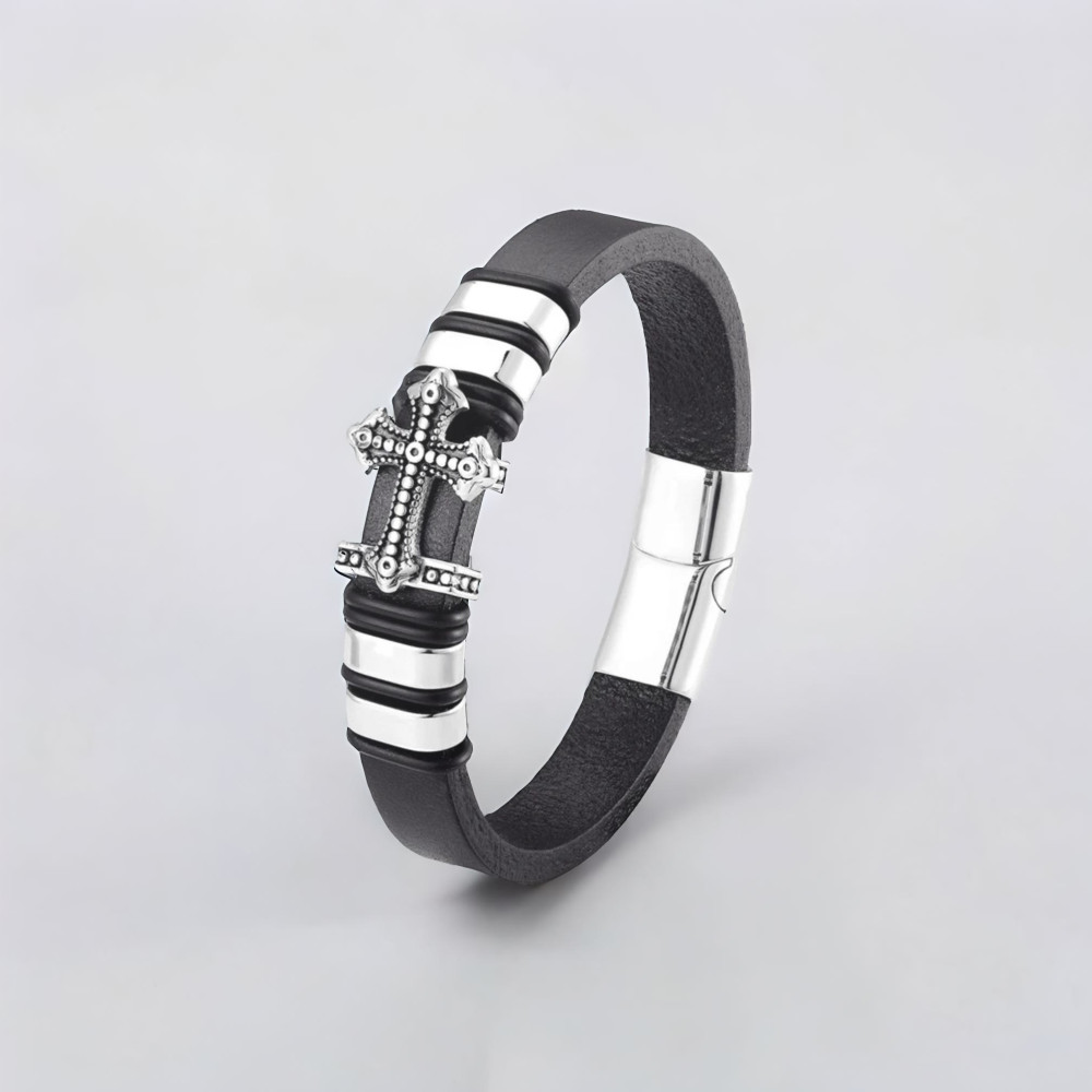 Bracelet homme cuir tresse noir croix fermoir acier