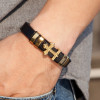 Bracelet homme cuir tresse noir croix fermoir acier