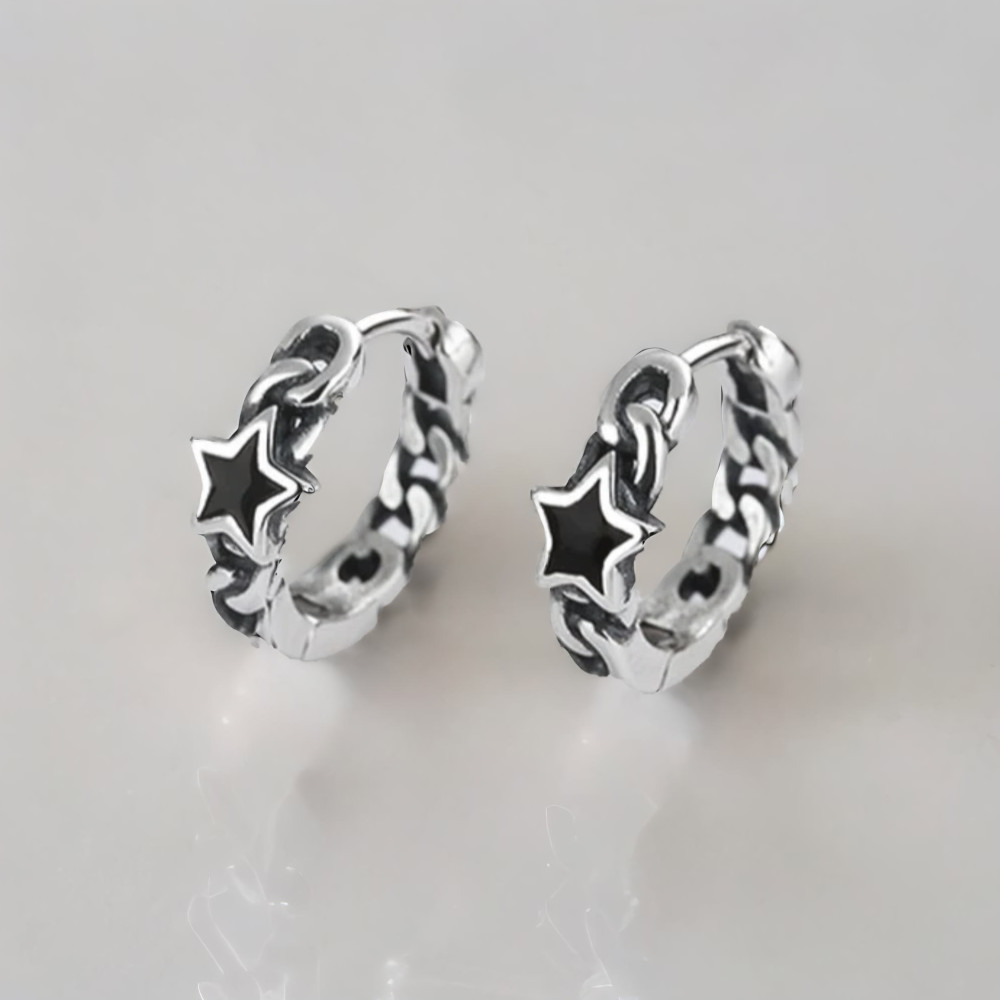 Boucles d'oreille argent tresse pentacle homme femme creoles punk star
