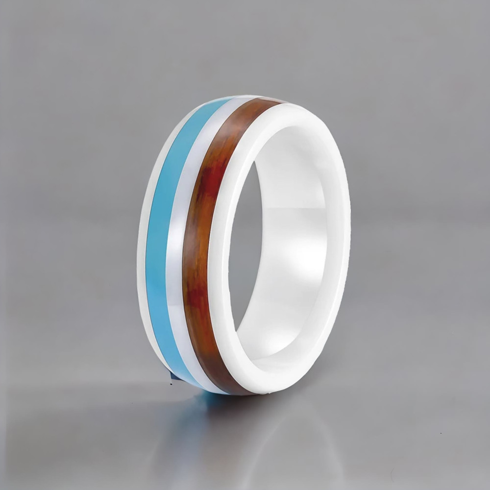 Bague céramique blanche ligne bois