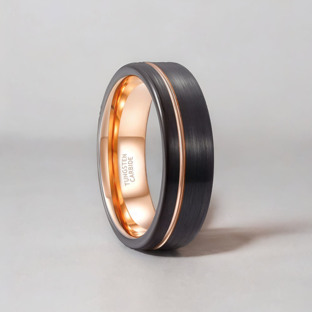 Bague personnalisee homme anneau plat tungstene noir rainure brosse gravure