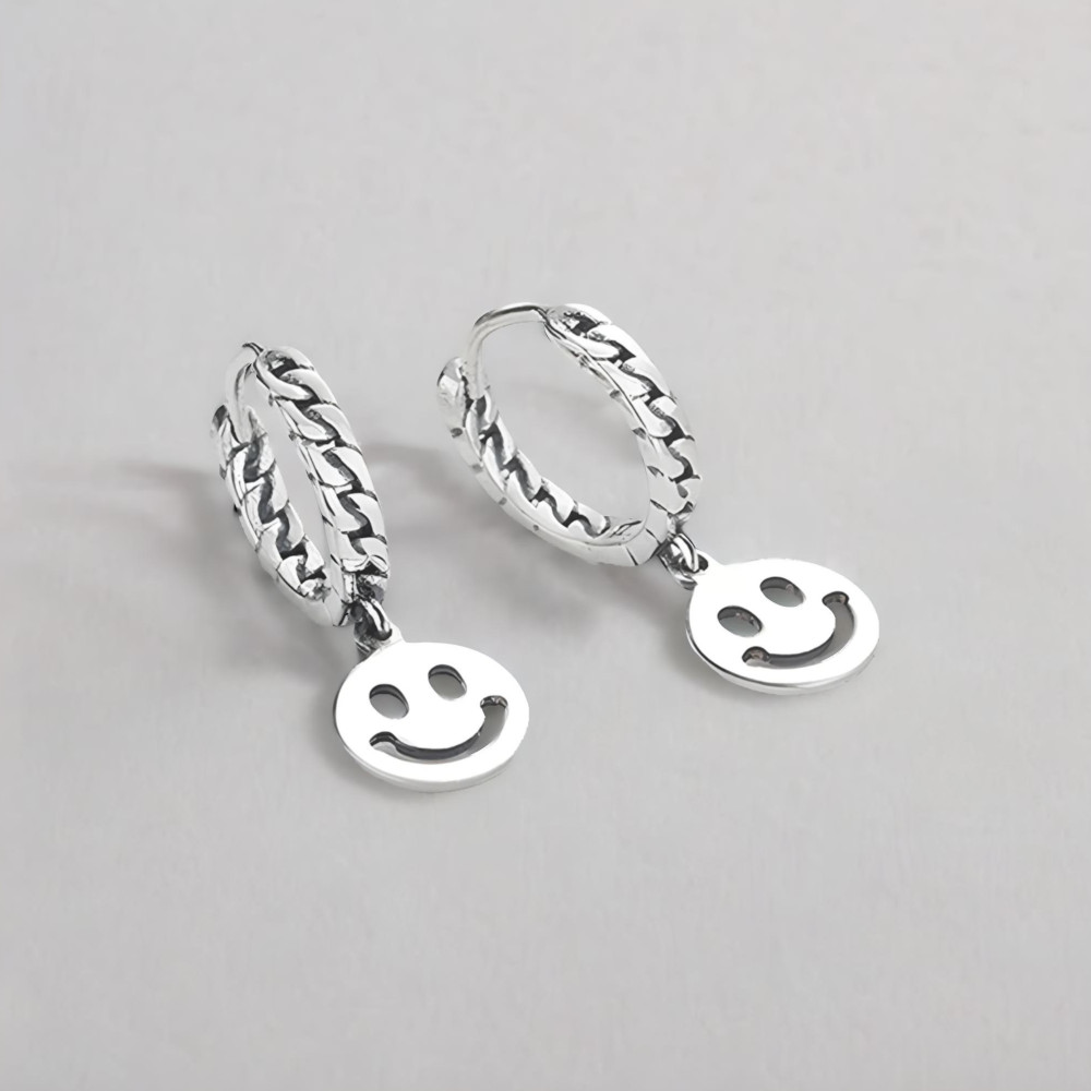 Boucles d'oreille argent homme femme creoles pendante emoji sourire - paire