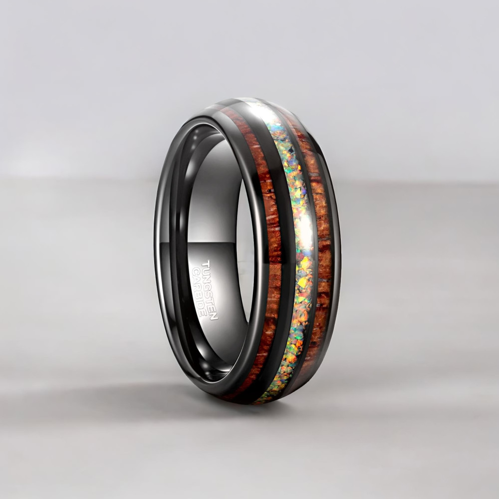 Fede nuziale personalizzabile, anello a cupola, in legno di tungsteno opale