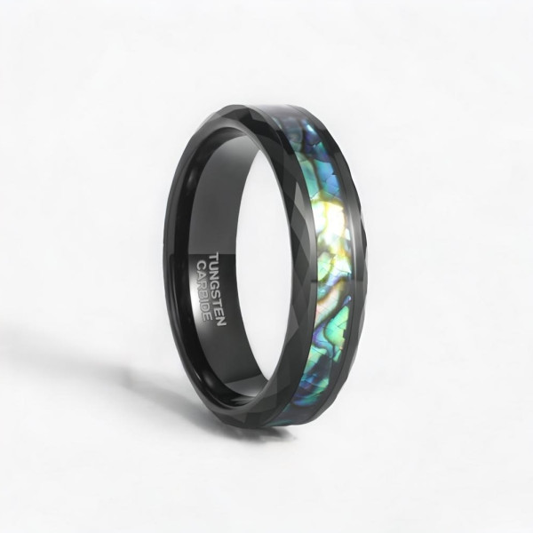 Bague couple personnalisee tungstene noir nacre abalone