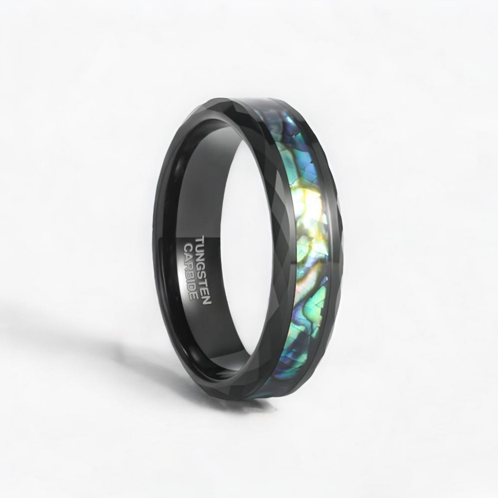 Bague couple personnalisee tungstene noir nacre abalone
