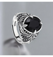 Anello con sigillo aperto in argento con giglio in onice nero