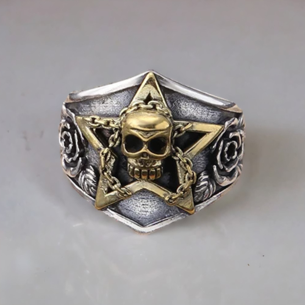 Bague argent chevaliere homme tete de mort pentacle