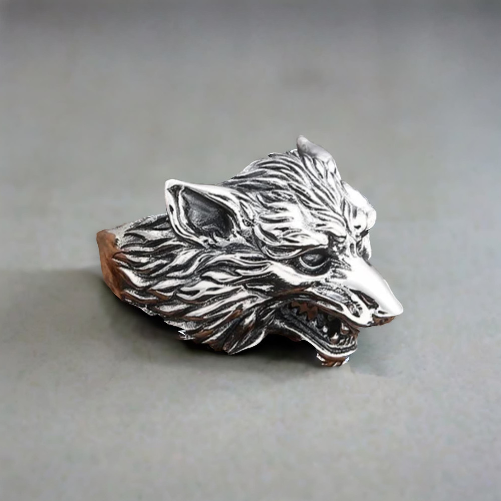 Bague argent homme chevaliere ouverte tete de loup