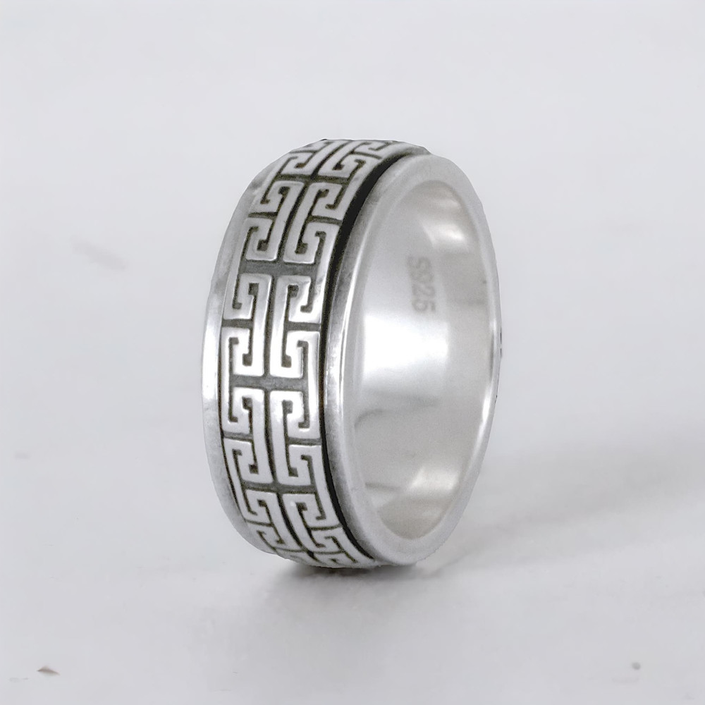 Men's Sterling Silver Greek Key Spinner Dome RIng