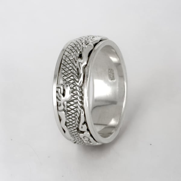 Bague argent anneau homme dragon tournant anti-stress