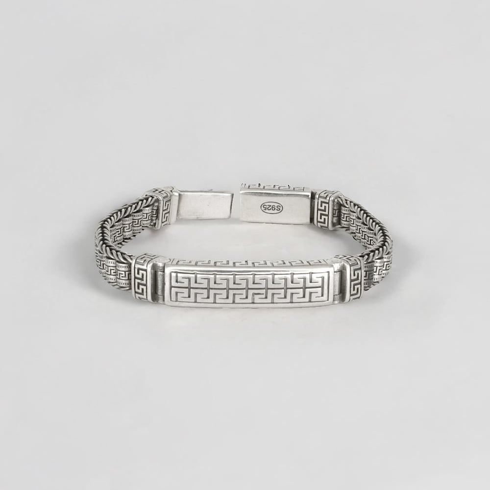 Men's Sterling Silver Double Braided Chain grec Cross Bracelet
