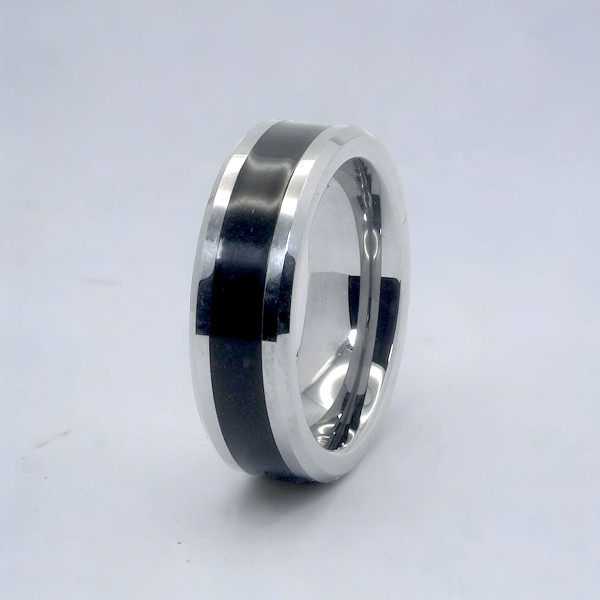 Personalized men's ring Tungsten beveled edge black resin