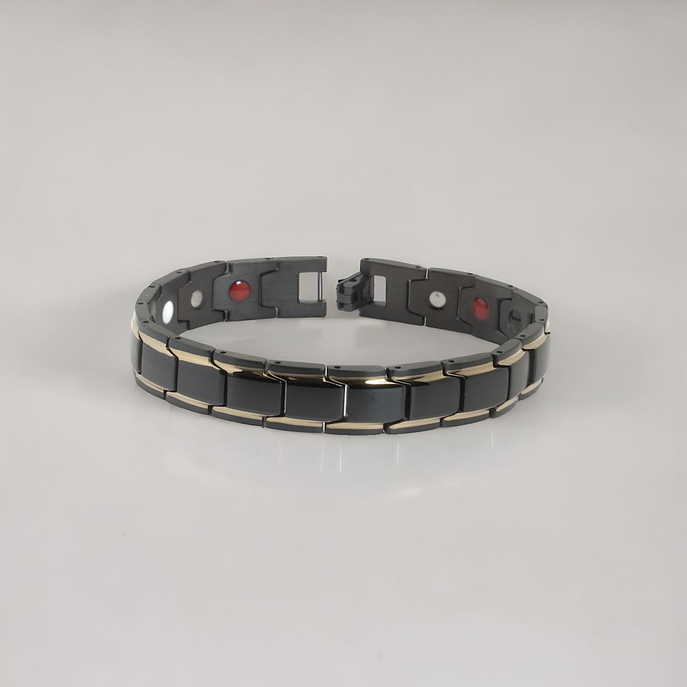 Bracciale da uomo in acciaio nero spazzolato magnetico linea oro