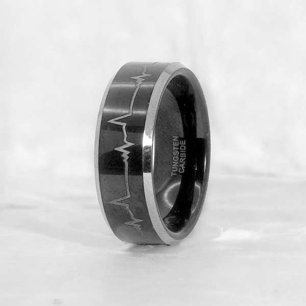 Fede nuziale personalizzata con battito cardiaco in tungsteno nero