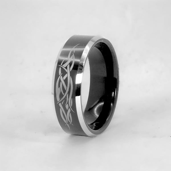 IP Black Men's Beveled Edge Tungsten Laser Engraved Celtic Knot Pattern Ring
