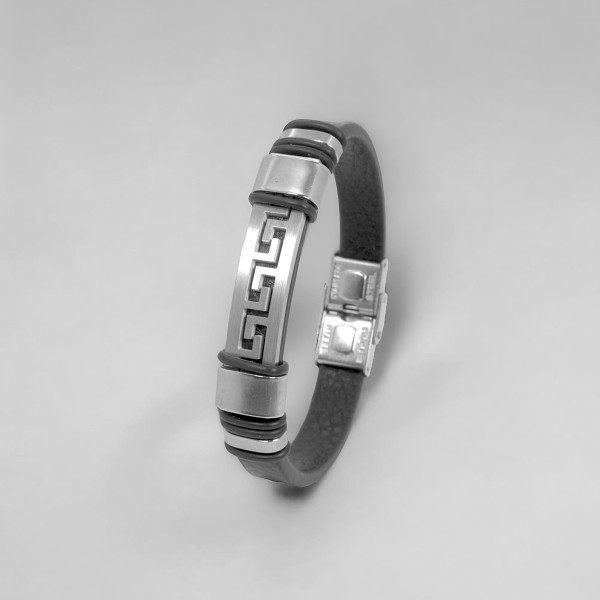 Bracelet homme cuir noir clé grecque