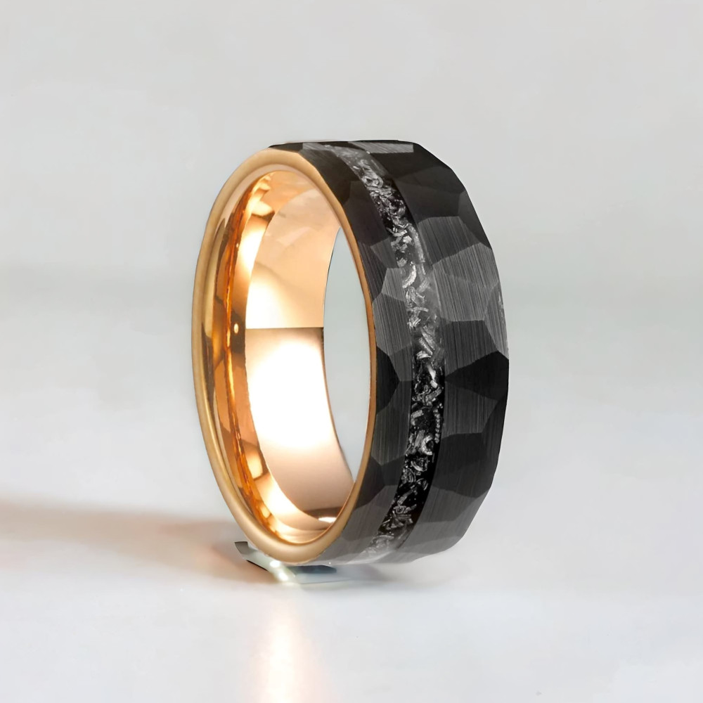 Bague Tungstène Noir Brossé martelé serti Marbre