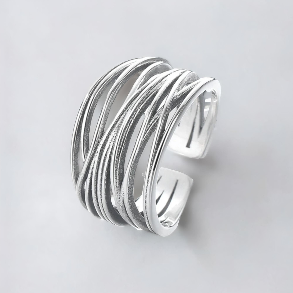 Dames 925 Zilveren Open Ring met Gekruiste Lijnen